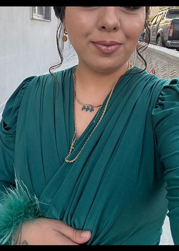 Yeşil Uzun Kollu Drapeli Abiye Elbise - Görsel 4