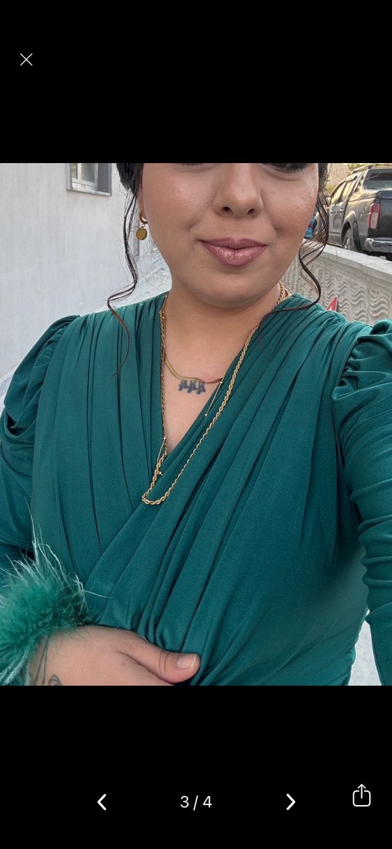 Yeşil Uzun Kollu Drapeli Abiye Elbise - Görsel 4