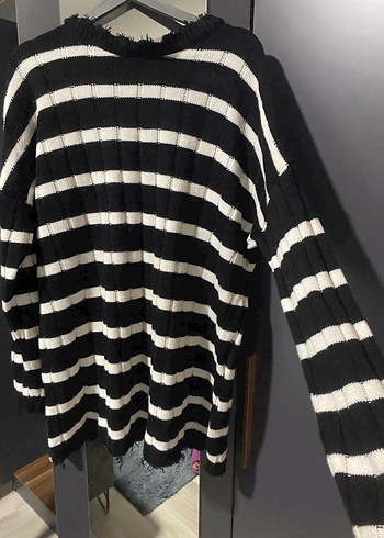 Siyah Beyaz Çizgili Örgü Kadın elbise - Görsel 3