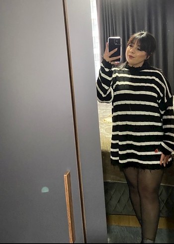 Siyah Beyaz Çizgili Örgü Kadın elbise - Görsel 6