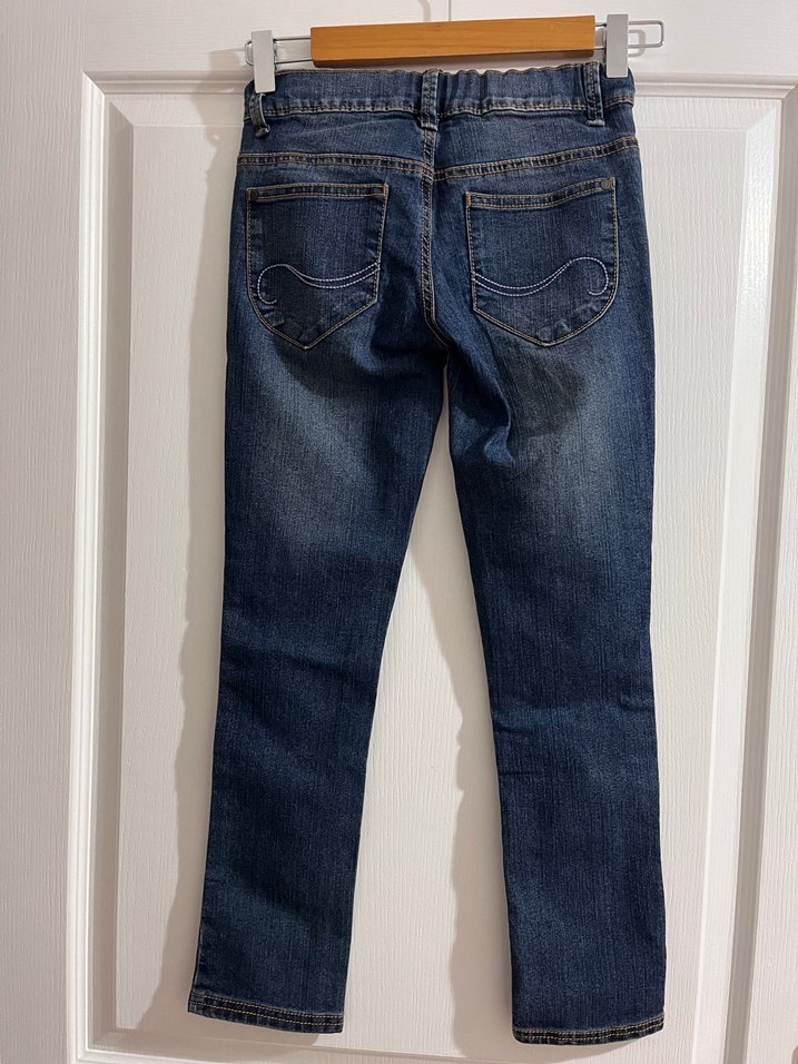 Kız Çocuk Nakışlı Koyu Mavi Denim Pantolon - Görsel 2