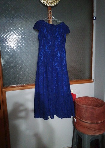 Dantel Detaylı Lacivert Kadın Uzun Abiye Elbise - Görsel 2