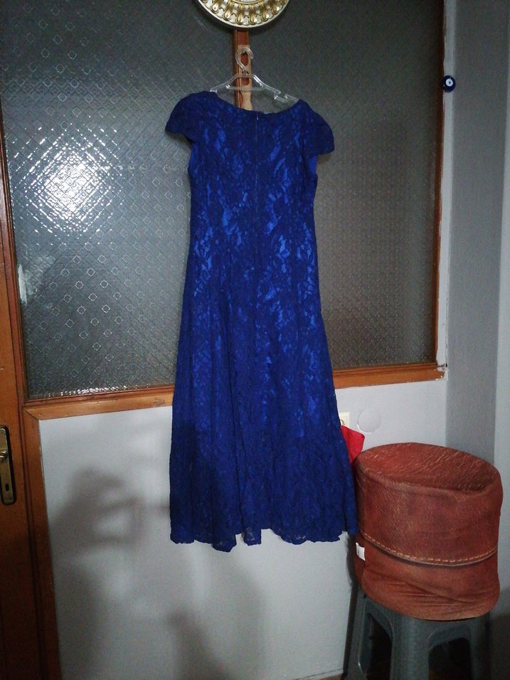 Dantel Detaylı Lacivert Kadın Uzun Abiye Elbise - Görsel 2