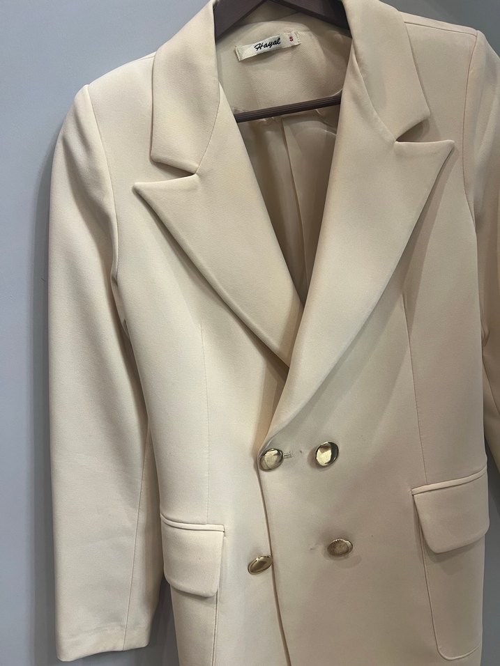 Bej Düğmeli Kadın Midi Blazer Ceket - Görsel 2