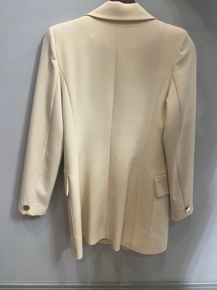 Bej Düğmeli Kadın Midi Blazer Ceket - Görsel 3