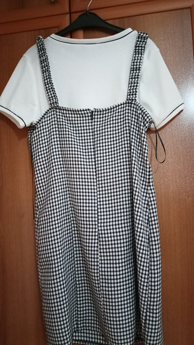 Ekose Desenli Gri Beyaz Midi Elbise - Görsel 2