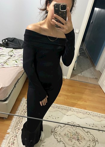 Siyah Uzun Drapeli Kayık Yaka Elbise - Görsel 4