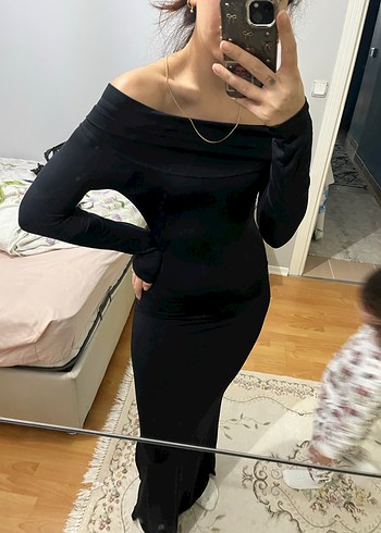 Siyah Uzun Drapeli Kayık Yaka Elbise - Görsel 2