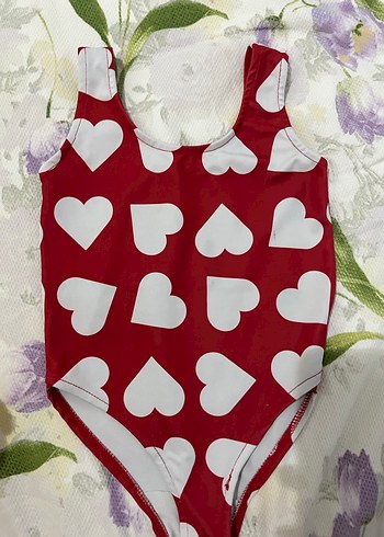 Kız Çocuk Kırmızı Kalp Desenli Mayo - Görsel 2