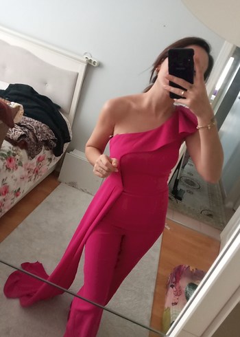 Pembe Drapeli Straplez Kadın Tulum