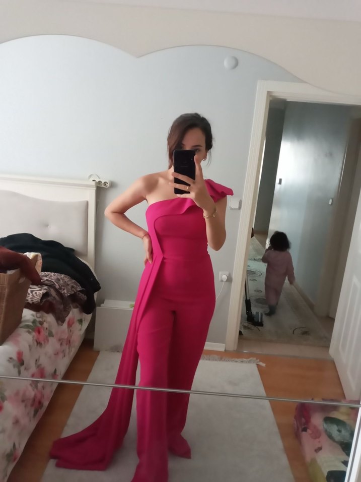 Pembe Drapeli Straplez Kadın Tulum - Görsel 2