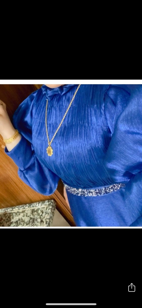 Mavi Uzun Abiye Elbise Zincir Detaylı - Görsel 2