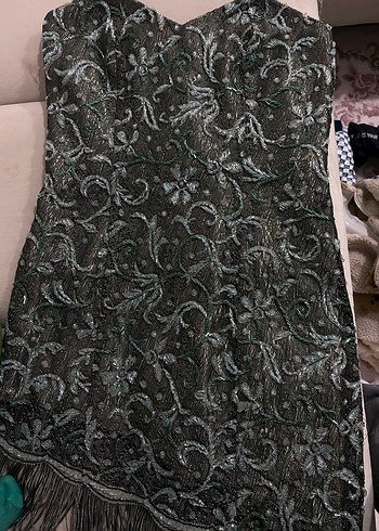 Yeşil Yılan Desenli Drapeli Midi abiye - Görsel 3