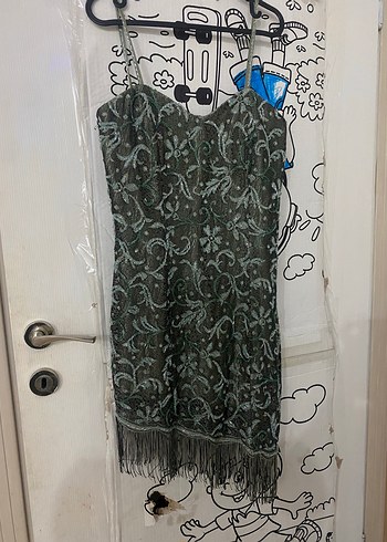 Yeşil Yılan Desenli Drapeli Midi abiye - Görsel 2