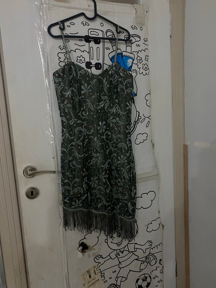 Yeşil Yılan Desenli Drapeli Midi abiye - Görsel 5