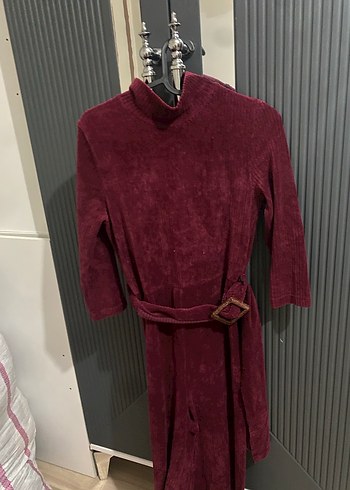 Bordo Kemerli Uzun Kadın Tulum kadife kışlık - Görsel 3