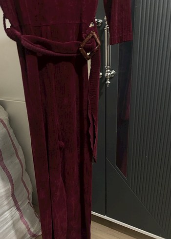 Bordo Kemerli Uzun Kadın Tulum kadife kışlık - Görsel 2