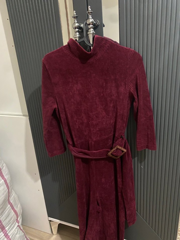 Bordo Kemerli Uzun Kadın Tulum kadife kışlık - Görsel 3