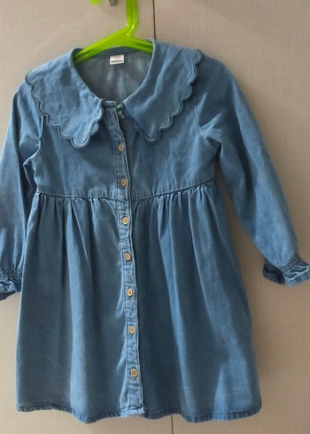 Mavi Uzun Kollu Kız Çocuk Denim Elbise