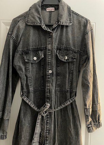 Gri Kot Kumaşlı Uzun Kadın Elbise m beden boy 125 - Görsel 4