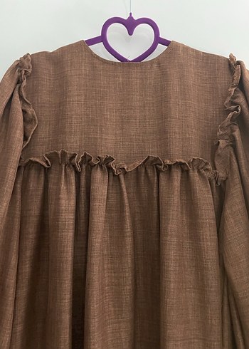 Uzun Kahverengi Keten Elbise 1 beden  boy 135 - Görsel 2