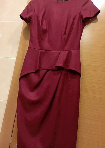Bordo Drapeli Midi Klasik Kadın Elbise - Görsel 7