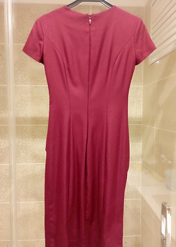 Bordo Drapeli Midi Klasik Kadın Elbise - Görsel 3