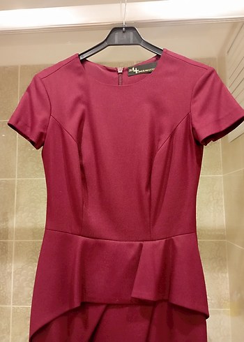 Bordo Drapeli Midi Klasik Kadın Elbise - Görsel 2