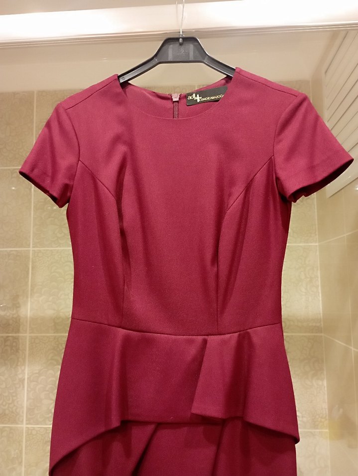 Bordo Drapeli Midi Klasik Kadın Elbise - Görsel 2