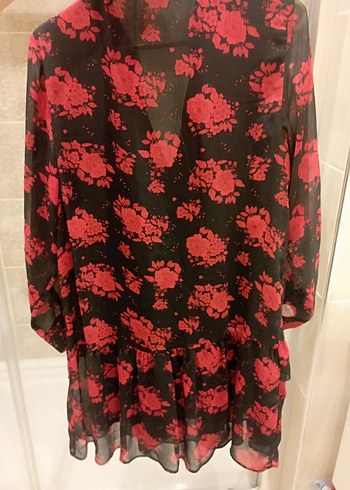 Zara M beden Kırmızı Desenli V Yaka Uzun Kollu Tunik - Görsel 4