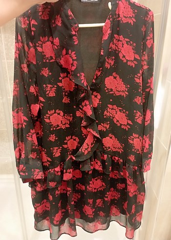 Zara M beden Kırmızı Desenli V Yaka Uzun Kollu Tunik - Görsel 6