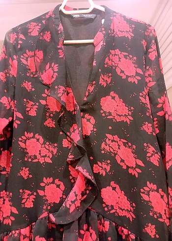 Zara M beden Kırmızı Desenli V Yaka Uzun Kollu Tunik - Görsel 7