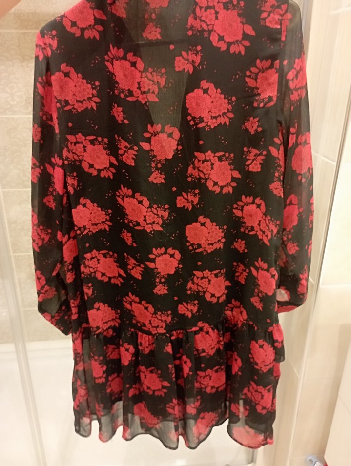 Zara M beden Kırmızı Desenli V Yaka Uzun Kollu Tunik - Görsel 4