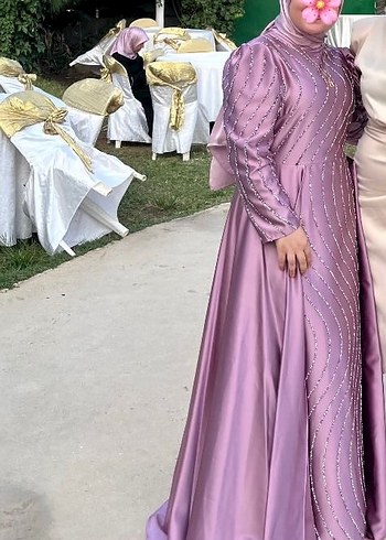 Abiye Pembe Uzun Kollu arkadan kuyruklu Abiye Elbise