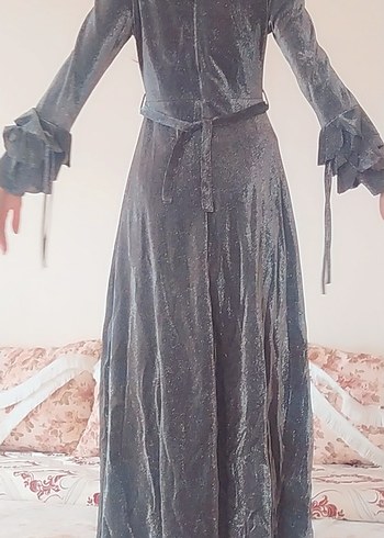 38 Beden Gri Uzun Kollu Gotik Kadın Elbise