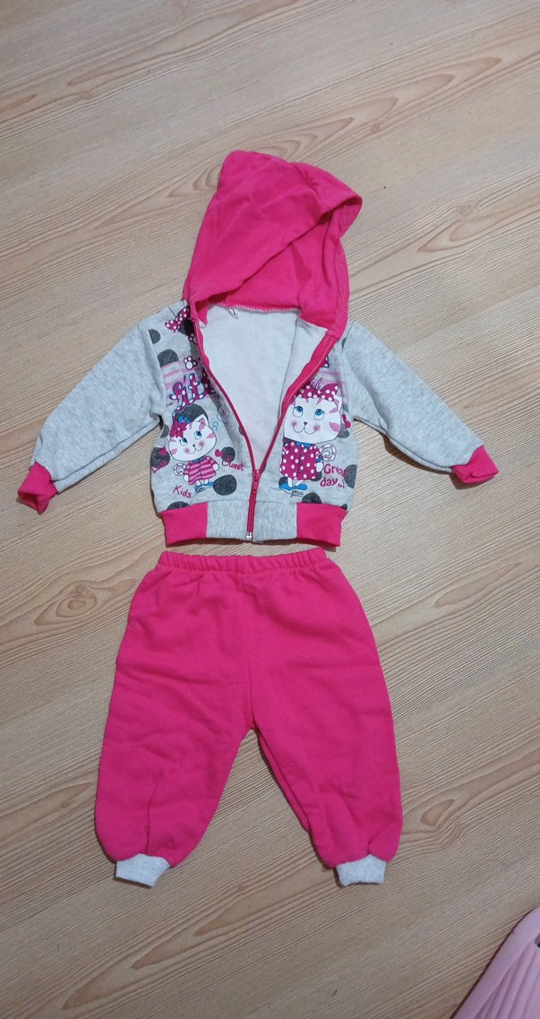 Pembe Kapüşonlu içi şardonlu Kız Bebek Takımı - Görsel 2