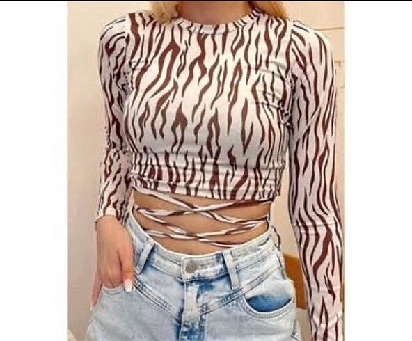 Zechka kahverengi zebra desenli belden bağlamalı crop