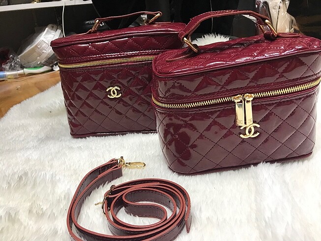 Chanel 2 adet (ikili ) bordo makyaj çantası