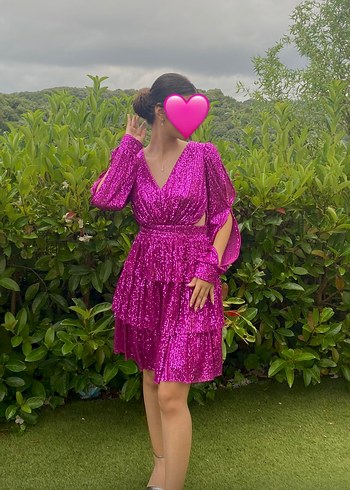 Pembe Parlak V Yaka Midi Abiye