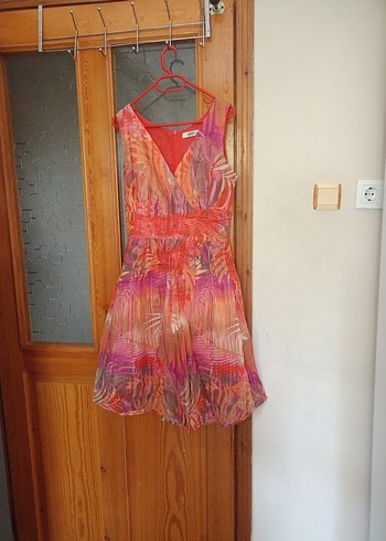 Pembe Bohem Mini Elbise V Yaka Drapeli