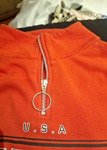 h&m Kadın Kırmızı Fermuarlı Kapüşonlu Sweatshirt - Görsel 5