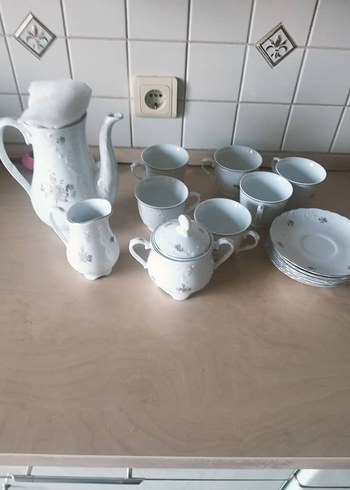 vıntage el yapımı Gümüş Gri ve Beyaz Emelot Porselen Çay Seti - Görsel 6