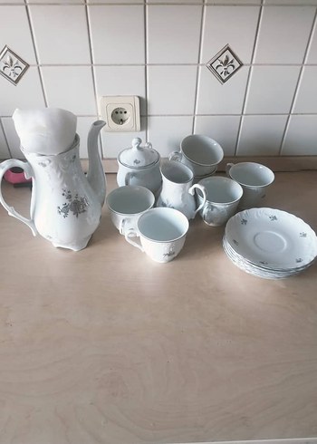 vıntage el yapımı Gümüş Gri ve Beyaz Emelot Porselen Çay Seti - Görsel 7