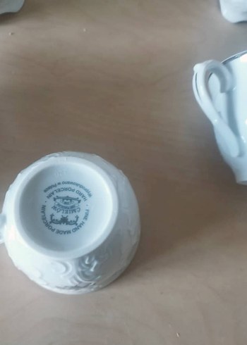 vıntage el yapımı Gümüş Gri ve Beyaz Emelot Porselen Çay Seti - Görsel 5