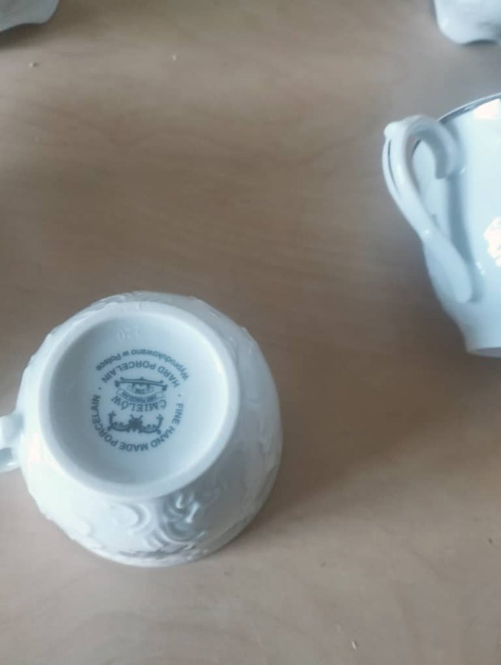 vıntage el yapımı Gümüş Gri ve Beyaz Emelot Porselen Çay Seti - Görsel 5