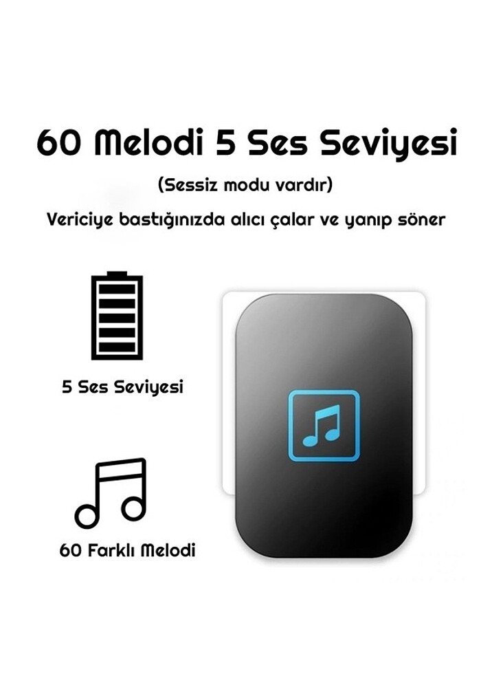 Buton 1 Alıcı Pil Gerektirmeyen Kablosuz Led Kapı Zili

 - Görsel 2