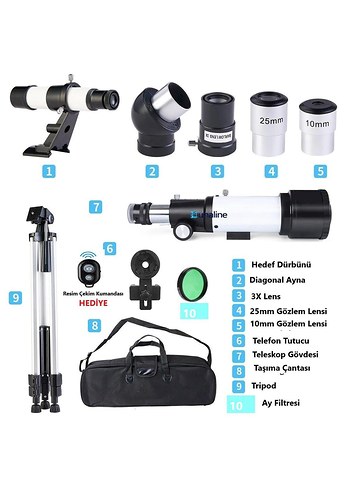 Beyaz Teleskop Seti 25mm ve 10mm Gözlem Lensleri 150 x çantalı