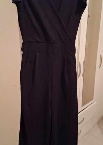 Siyah V Yakalı Kadın Midi Tulum - Görsel 3