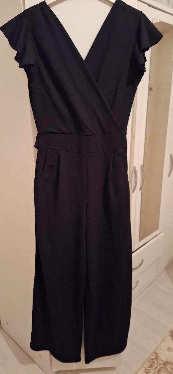 Siyah V Yakalı Kadın Midi Tulum - Görsel 4