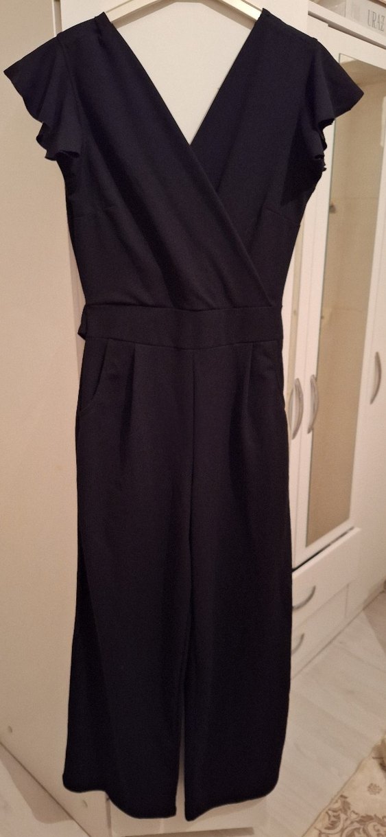 Siyah V Yakalı Kadın Midi Tulum - Görsel 3